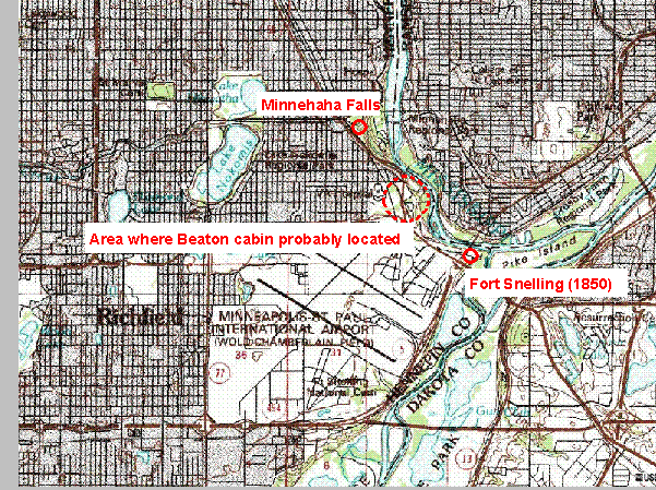 Modern map of the Fort Snelling area with the location of the Beaton cabin marked