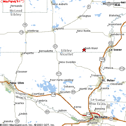 A modern map showing Henderson, New Ulm, and Rush River, Minnesota